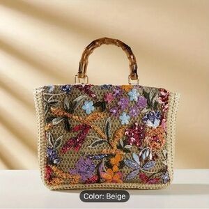 Embroidered Floral Tote with Bamboo Handles